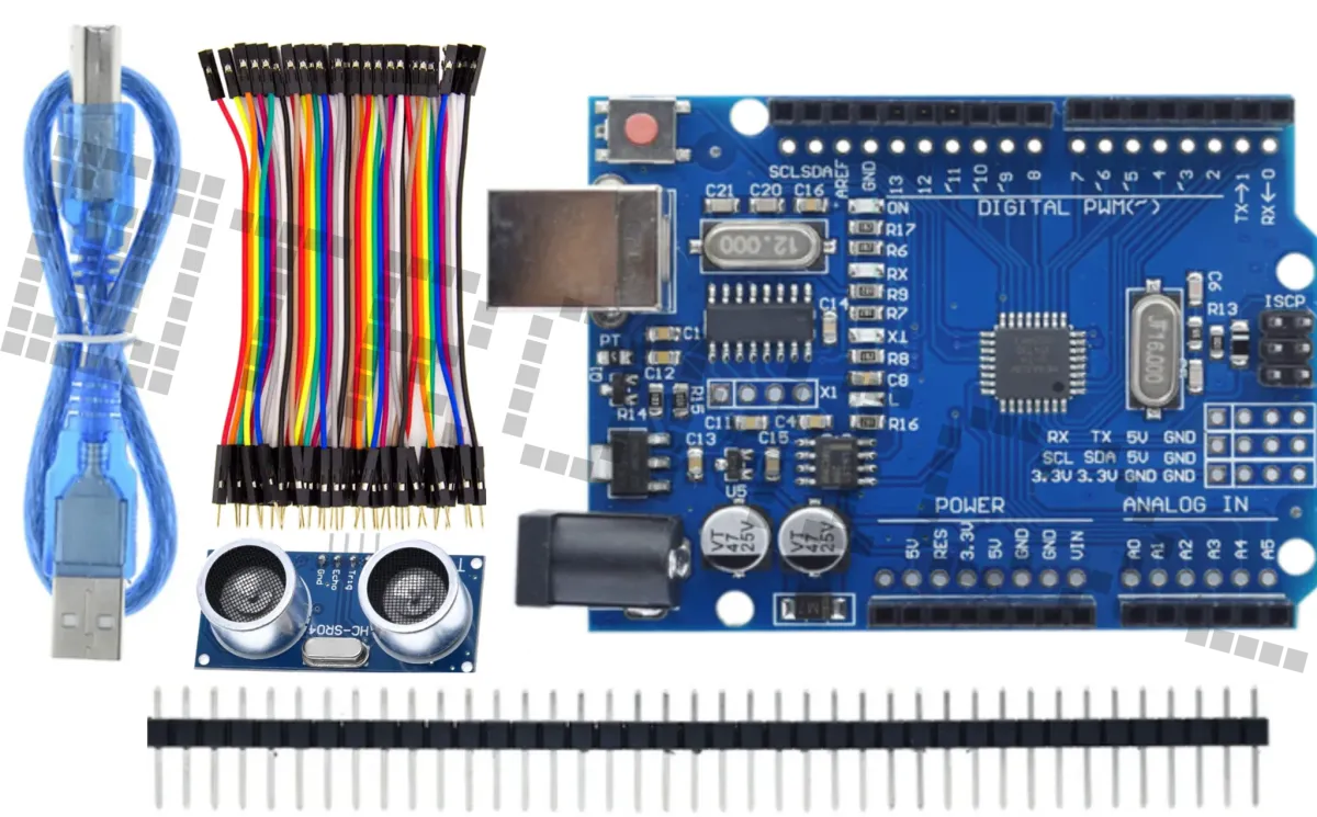 Kit de inicio para Arduino Uno R3 con el sensor de distancia HC-SR04 y cables Dupont