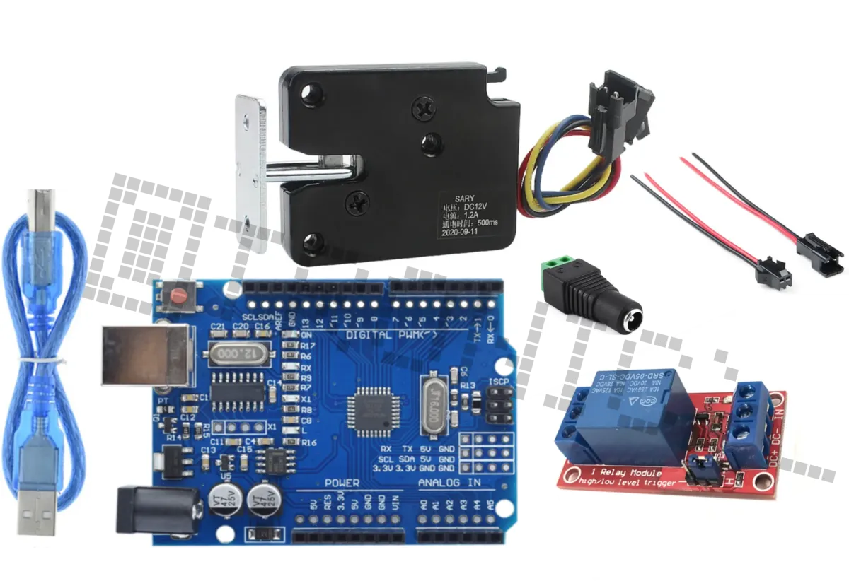 Kit de inicio para Arduino Uno R3 con cerradura de 5v, módulo relé, jack DC y pigtail de 2 pines