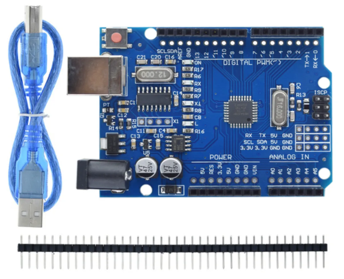 Arduino UNO R3 compatible incl. cable USB y pines header.