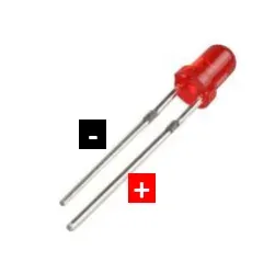 Primer plano de un LED rojo con pata larga (+) y pata corta (-)