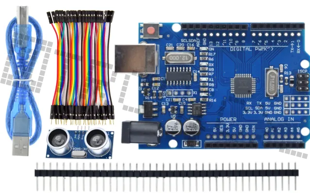 Kit de inicio para Arduino Uno R3 con el sensor de distancia HC-SR04 y cables Dupont