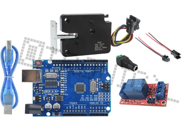 Kit de inicio para Arduino Uno R3 con cerradura de 5v, módulo relé, jack DC y pigtail de 2 pines