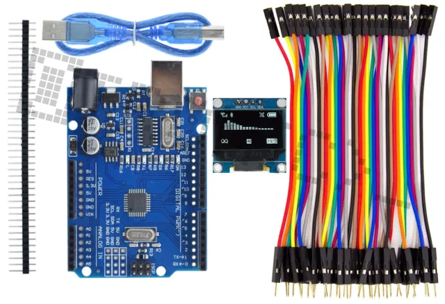 Kit de inicio para Arduino Uno R3 con pantalla OLED de 0.96 inch y set de cables Dupont de 40 piezas