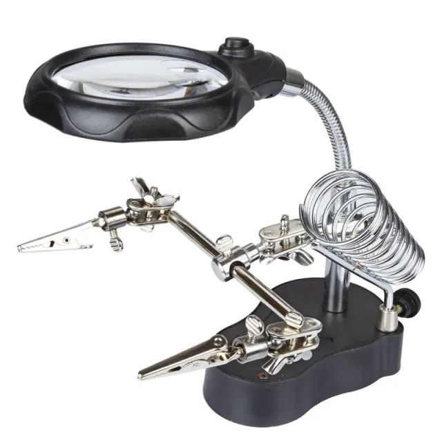 Lupa con iluminación LED, prácticos pinzas y soporte para soldador