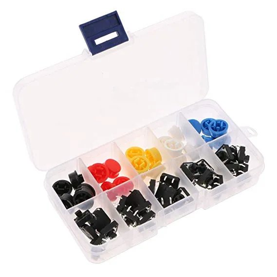 Surtido de pulsadores, momentáneos - 25 unidades, 5 colores, 12X12x7.3mm