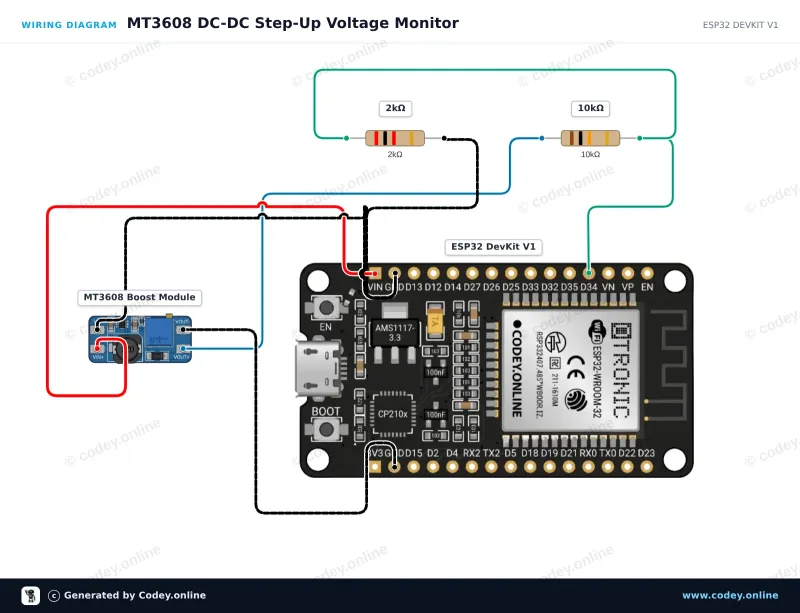 Esquema de conexión: Módulo de alimentación elevador DC-DC MT3608 2A Max en un ESP32 DevKit V1