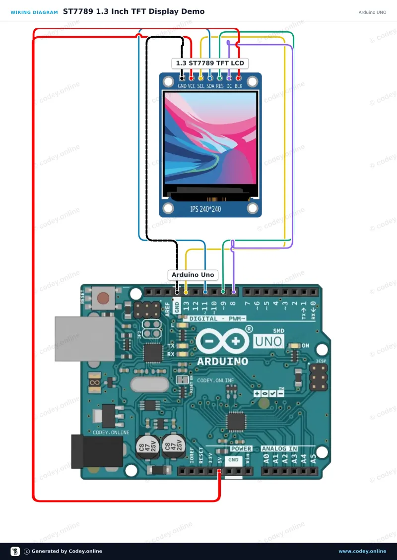 Esquema de conexión: Pantalla LCD TFT SPI RGB de 1.3inch (ST7789, 3.3V) en un Arduino UNO